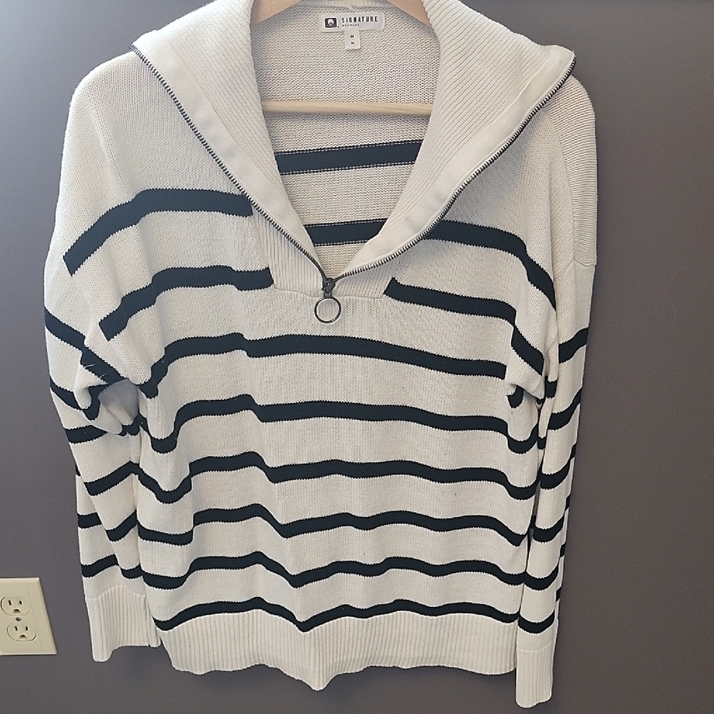 Reitmans Black and White Striped Turtleneck Sweater